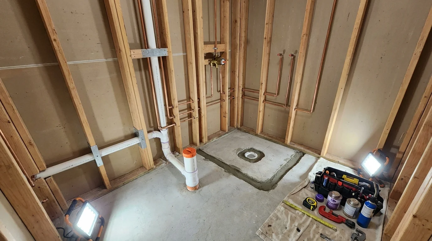 Bathroom rough-in plumbing during remodel by Johns Plumbing LLC in Havana