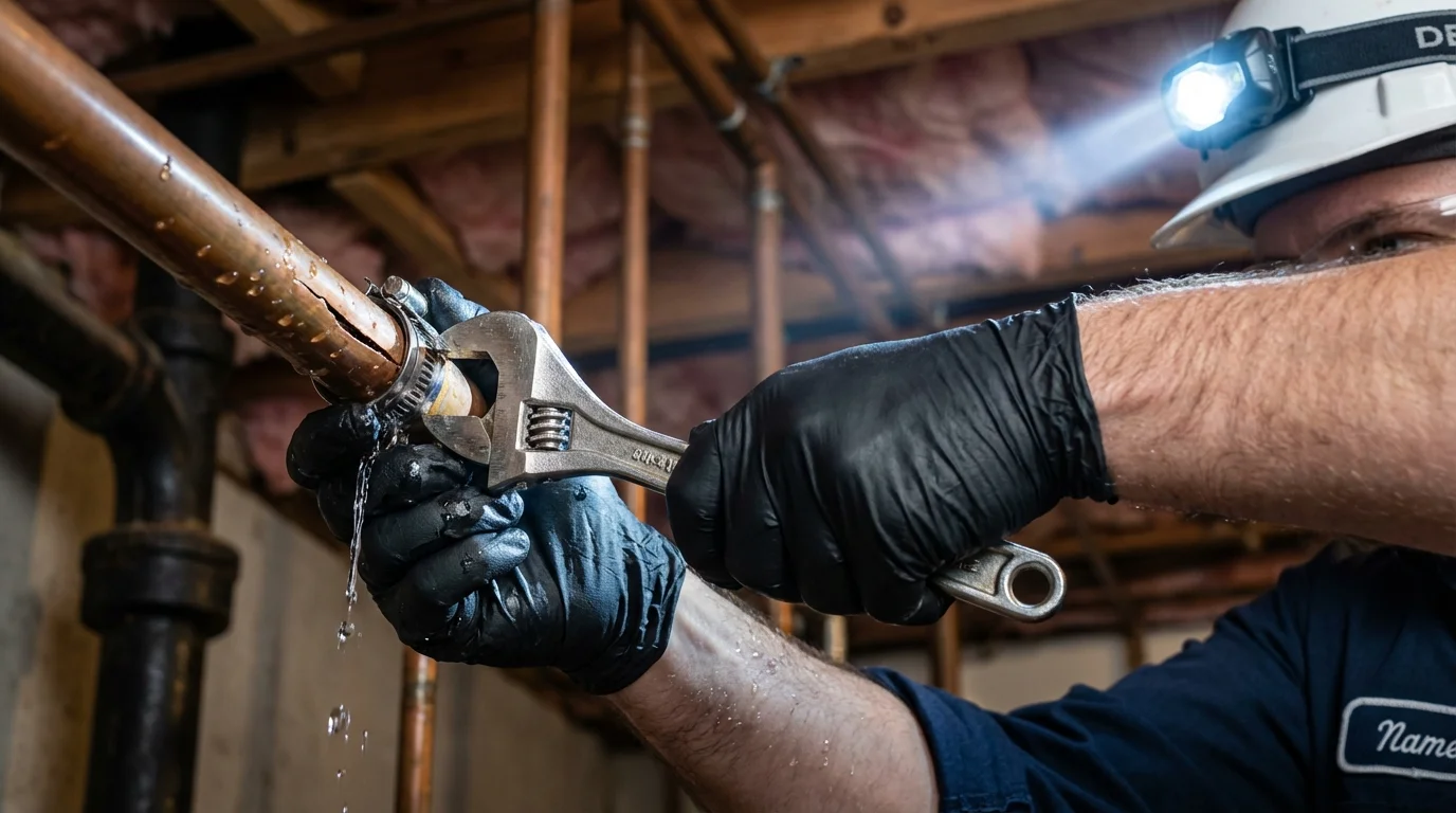 Emergency pipe clamp repair being performed by a Johns Plumbing LLC plumber in Havana