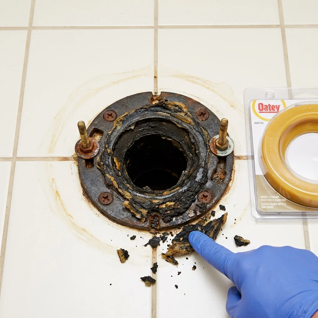 Failed wax ring showing water seepage at the base of a toilet in a Havana, IL home